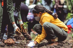 young girl planting a tree in covid times